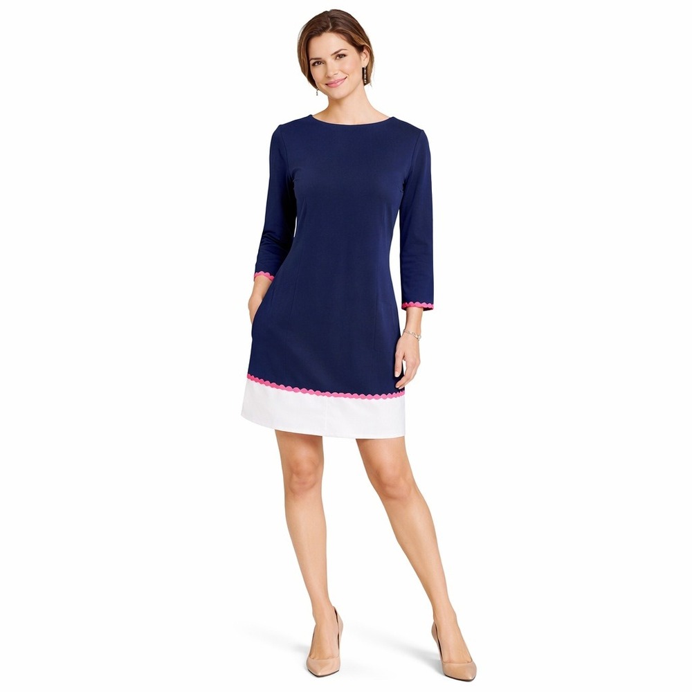 Vineyard Vines Navy Colorblock Shift Dress XS‎ Pink Pom Trim Nautical Chic